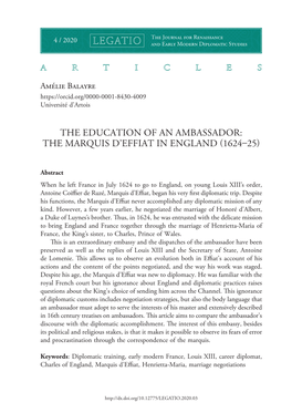 The Education of an Ambassador: the Marquis D’Effiat in England (1624–25)