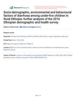 Socio-Demographic, Environmental and Behavioural