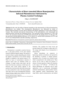 Characteristics of Heat-Annealed Silicon Homojunction Infrared Photodetector Fabricated by Plasma-Assisted Technique Oday A