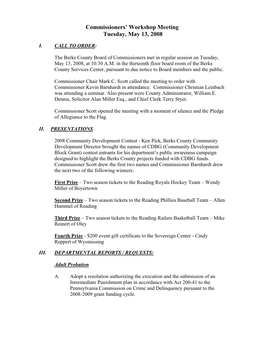 Commissioners' Workshop Meeting Tuesday, May 13, 2008