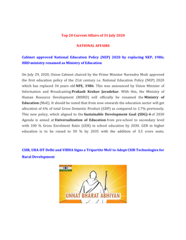 Top 20 Current Affairs of 31 July 2020