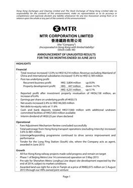 MTR CORPORATION LIMITED 香港鐵路有限公司 (The “Company”) (Incorporated in Hong Kong with Limited Liability) (Stock Code: 66)