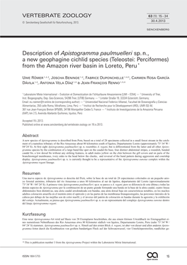 Description of Apistogramma Paulmuelleri Sp. N., a New Geophagine Cichlid Species (Teleostei: Perciformes) from the Amazon River Basin in Loreto, Peru *