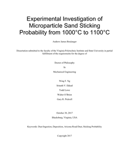 Experimental Investigation of Microparticle Sand Sticking Probability from 1000°C to 1100°C