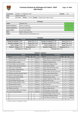 Comissão Estadual De Arbitragem De Futebol - CEAF Jogo: 10 / 2021 SÃO PAULO