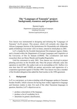 The “Languages of Tanzania” Project: Background, Resources and Perspectives