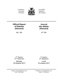 Official Report of Debates (Hansard) Journal Des Débats