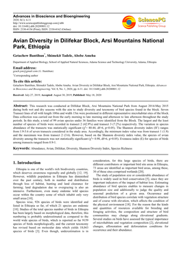 Avian Diversity in Dilifekar Block, Arsi Mountains National Park, Ethiopia