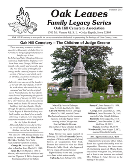Oak Leaves Summer 2013 Family Legacy Series Oak Hill Cemetery Association 1705 Mt