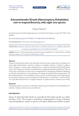 Achrysocharoides Girault (Hymenoptera, Eulophidae) New to Tropical America, with Eight New Species