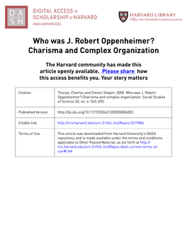 Who Was J. Robert Oppenheimer? Charisma and Complex Organization