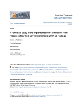 A Formative Study of the Implementation of the Inquiry Team Process in New York City Public Schools: 2007‐08 Findings