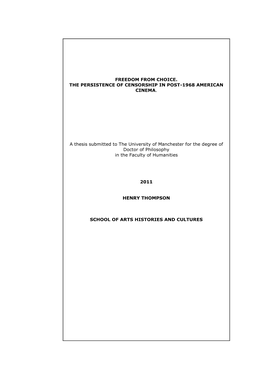 Freedom from Choice. the Persistence of Censorship in Post-1968 American Cinema