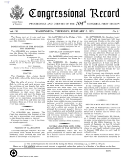 Congressional Record United States Th of America PROCEEDINGS and DEBATES of the 104 CONGRESS, FIRST SESSION