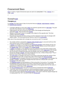 Concurrent Lines Lines in a Plane Or Higher-Dimensional Space Are Said to Be Concurrent If They Intersect at a Single Point