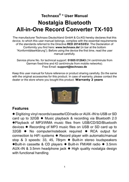 Technaxx ® * User Manual Nostalgia Bluetooth All-In-One Record Converter TX-103