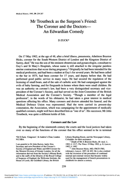 Mr Troutbeck As the Surgeon's Friend: the Coroner and the Doctors- an Edwardian Comedy