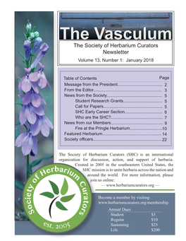 The Vasculum the Society of Herbarium Curators Newsletter Volume 13, Number 1: January 2018