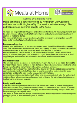 Served by a Helping Hand Meals at Home Is a Service Provided by Nottingham City Council to Residents Across Nottingham City