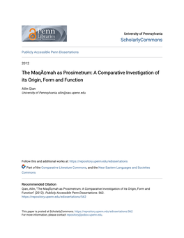 The Maqã¢Mah As Prosimetrum: a Comparative Investigation of Its Origin, Form and Function