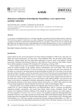 Eutardigrada, Hypsibiidae), a New Species from Maritime Antarctica