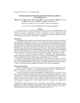 New Records of Phytoplankton for Bangladesh. 1. Cyanophyceae * 1 Moniruzzaman Khondker , Rauf Ahmed Bhuiyan, Jenat Yeasmin, Munirul Alam , 2 3 2,3,4 R