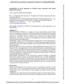 1 Identification of Novel Mutations in SEMA4A Gene Associated with Retinal Degenerative Diseases. Abida, Ismail M, Mehdi SQ