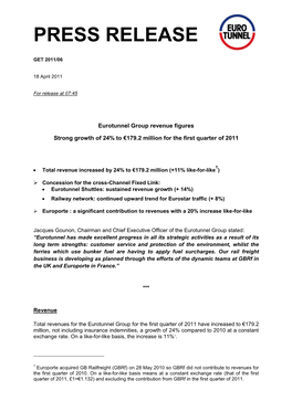 Groupe Eurotunnel Revenue and Traffic Figures Increase During Q1 2010