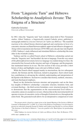 From “Linguistic Turn” and Hebrews Scholarship to Anadiplosis Iterata: the Enigma of a Structure*