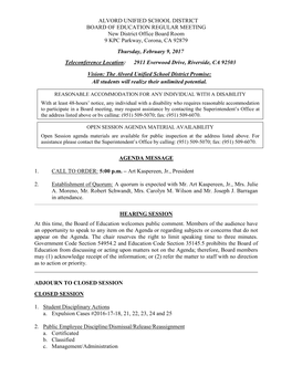 ALVORD UNIFIED SCHOOL DISTRICT BOARD of EDUCATION REGULAR MEETING New District Office Board Room 9 KPC Parkway, Corona, CA 92879