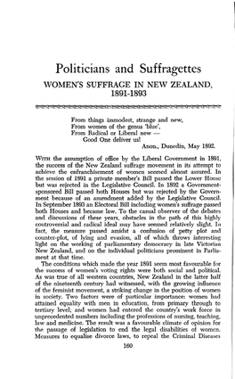 Politicians and Suffragettes WOMEN's SUFFRAGE in NEW ZEALAND, 1891-1893