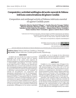 Composición Y Actividad Antifúngica Del Aceite Esencial De Fabiana Imbricata Contra Levaduras Del Género Candida