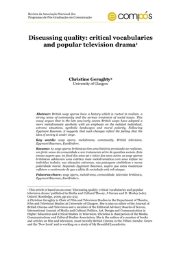 Critical Vocabularies and Popular Television Drama1