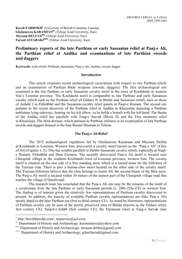 Preliminary Reports of the Late Parthian Or Early Sassanian Relief at Panj-E Ali, the Parthian Relief at Andika and Examinations of Late Parthian Swords and Daggers