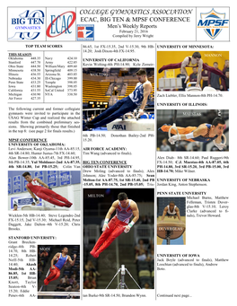 COLLEGE GYMNASTICS ASSOCIATION ECAC, BIG TEN & MPSF CONFERENCE GYMNASTICS Men’S Weekly Reports February 21, 2016 Compiled by Jerry Wright