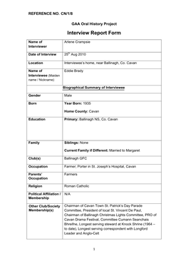 GAA Oral History Project Interview Report Form