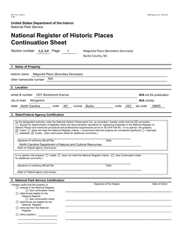 National Register of Historic Places Continuation Sheet Section Number 1,2, 3,4 Page 1 Magnolia Place (Boundary Decrease) Burke County, NC