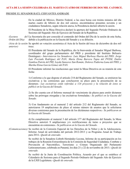 Acta De La Sesión Celebrada El Martes Cuatro De Febrero De Dos Mil Catorce