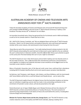 Australian Academy of Cinema and Television Arts Announces Host for 3Rd Aacta Awards