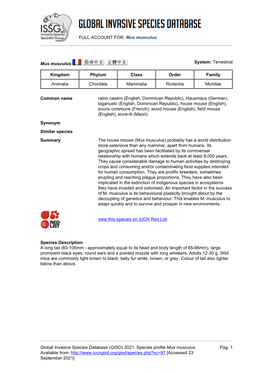 (GISD) 2021. Species Profile Mus Musculus. Available From