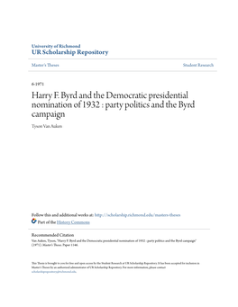 Harry F. Byrd and the Democratic Presidential Nomination of 1932 : Party Politics and the Byrd Campaign Tyson Van Auken