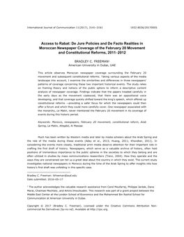 Access to Rabat: De Jure Policies and De Facto Realities in Moroccan Newspaper Coverage of the February 20 Movement and Constitutional Reforms, 2011–2012