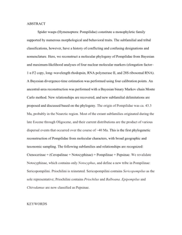 ABSTRACT Spider Wasps (Hymenoptera: Pompilidae) Constitute a Monophyletic Family Supported by Numerous Morphological and Behavio