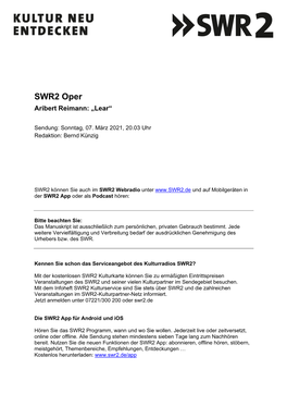 SWR2 Oper Aribert Reimann: „Lear“