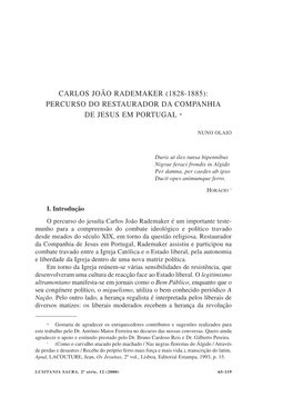 Carlos João Rademaker (1828-1885): Percurso Do Restaurador Da Companhia De Jesus Em Portugal *