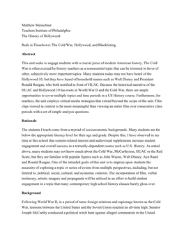 Matthew Menschner Teachers Institute of Philadelphia the History of Hollywood Reds in Tinseltown: the Cold War, Hollywood, and B