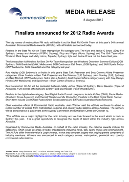 Commercial Radio Awards (Acras), with All Finalists Announced Today