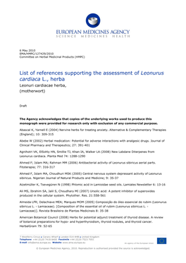 List of References Supporting the Assessment of Leonurus Cardiaca L., Herba Leonuri Cardiacae Herba, (Motherwort)