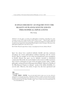 IS SPACE DISCRETE? an INQUIRY INTO the REALITY of PLANCK LENGTH and ITS PHILOSOPHICAL IMPLICATIONS Zhen Liang