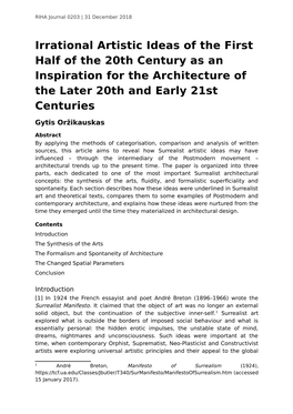 Irrational Artistic Ideas of the First Half of the 20Th Century As an Inspiration for the Architecture of the Later 20Th and Early 21St Centuries